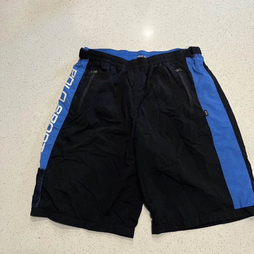 Vintage Polo Sport‎ Swim Trunks Mens XL Blue Stripe Spell Out Logo Zip Pockets